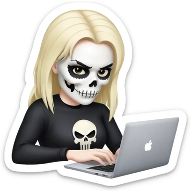 female Punisher skull with eyelashes working on a laptop sticker