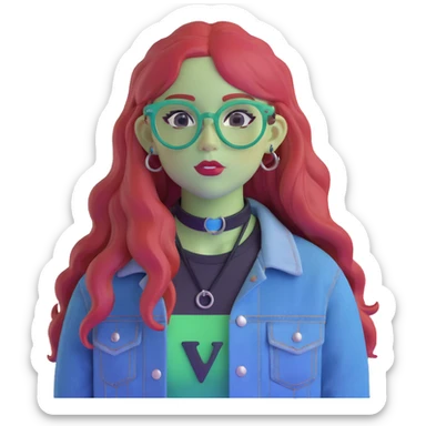 portrait of a cute young woman, long red hair, blue translucent glasses, black choker, septum ring, denim jacket with 'LIB' patch, calm face sticker
