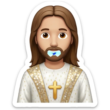 Jesus Christ from The Bible with long brown hair, white sequin outfit sticker