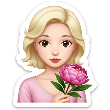 Upper body photo of a beautiful girl holding a peony flower sticker