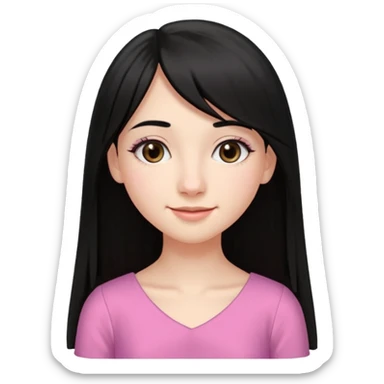 Cabelos pretos longos lisos ,olhos castanhos escuros puxadinho para cima com cílios grandes Pele clara ,nariz pequeno ,lábios mais carnudos ,adolescente 16 anos , com vestido de alinhamento rosa. Cabelo repartido ao meio com franja na altura do nariz  sticker