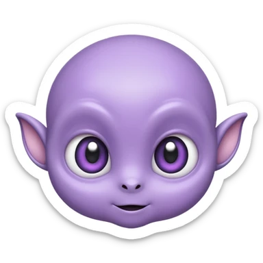 Portrait of a cute alien with round head, big shiny eyes, pastel purple skin, small antennae, friendly expression, cartoon style sticker