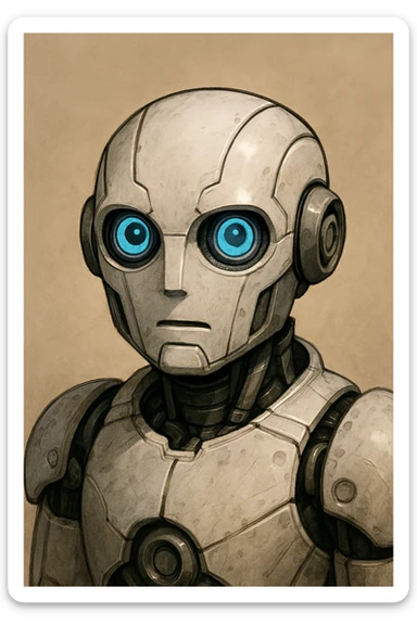 robot assistant staring intently, digital illustration style, attentive expression, simple background sticker