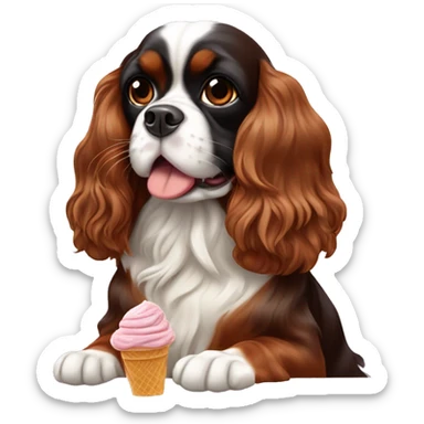 King Charles spaniel tricolor, eating chocolate ice cream sticker