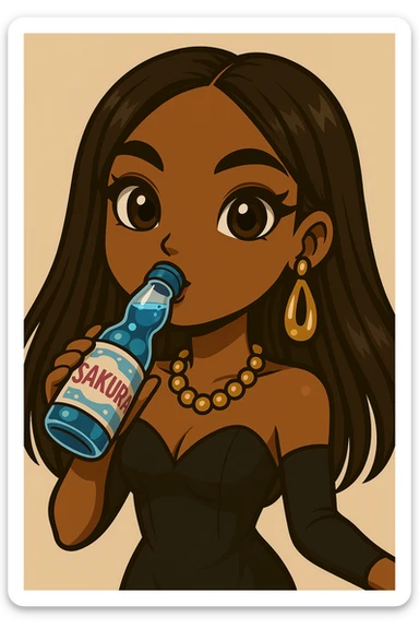 Add the word 'Sakura' to the blue Ramune soda bottle label. Headshot only of a 20-year-old anime Bratz style woman with dark skin, straight hair, trendy outfit, big expressive eyes, glossy lips, no hat, no tears, happy expression, both eyes open, looking straight ahead, drinking blue Ramune soda from the classic glass bottle. sticker