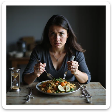 ultra realistic photo of an adult woman sitting at a table with healthy food, expression of discomfort, hands gripping cutlery tightly, cold natural light, kitchen background, symbol of punishment such as chains or hourglass, environment communicating sacrifice sticker