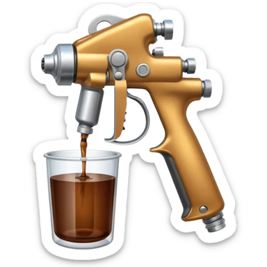 metal spray gun with clear sealed cup with brown liquid attached sticker