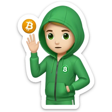 "Squid Game player emoji, green tracksuit with number 333, Bitcoin symbol ₿, representing his involvement with cryptocurrency sticker