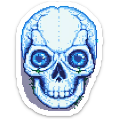 crying skull, pixel art style, single blue tear, minimal pixel art sticker