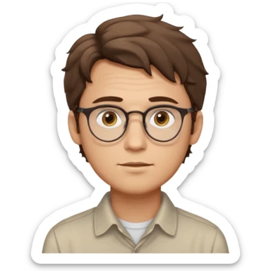 male Slim, slightly oval face, light skin.
Medium-length brown wavy hair, slightly messy.
Brown eyes, round eyeglasses.
Soft, calm expression.
No beard or very light stubble. sticker