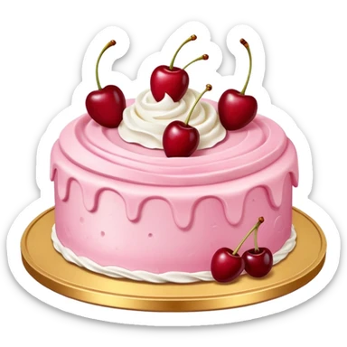 Round pink frosted cake with textured buttercream sides, placed on a gold cake board.
White whipped cream swirls on top, each topped with glossy red cherries with stems, clean studio lighting, isolated background, realistic minimal smooth emoji-style. sticker