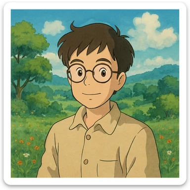 human being with glasses, Studio Ghibli inspired illustration sticker