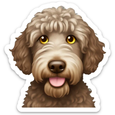 Chocolate and tan labradoodle with yellow-green eyes and hair in a bun on the top of head sticker