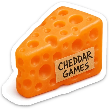 hyper-detailed clear transparent orange cheddar cheese block with Swiss holes, no background, 90's toy plastic texture, soft and squishy, cloudy, not shiny, glowing a little, retro and appealing, 'Cheddar Games' written sharply and messily on tape on the side, extremely high quality, looks like a gummy sticker