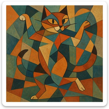 gato bailando, estilo cubista, formas geométricas, colores vibrantes, arte abstracto sticker