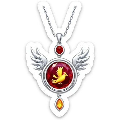 phoenix-inspired ruby pendant, deep red core with yellow ember edges, floating silver chain sticker