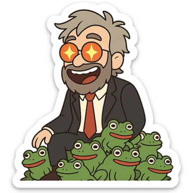 A middle-aged animated character with light grey tousled medium-length hair and a thick well-groomed brown-grey beard, wearing round glasses with red lenses that reflect bright orange-yellow stars. He has a very joyful, charismatic expression with an open-mouthed smile showing teeth. He is dressed in a formal black suit, white shirt, and red tie, sitting on a pile of green frogs with big eyes and red lips. sticker