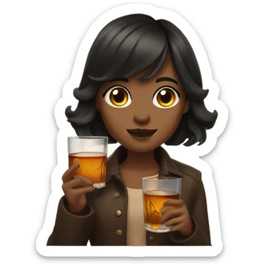A dark haired girl with slightly wavy hair and bangs holding a glass of whiskey sticker