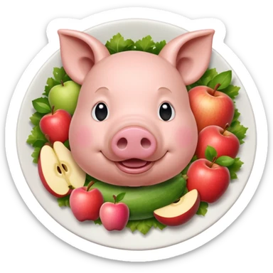A pig with an apple on his mouth, rounded by vegetables, nested over a white dish. No human expression sticker