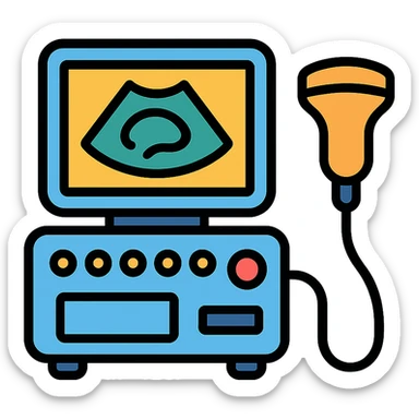 ultrasound machine, color outline icon style, clear medical device details sticker