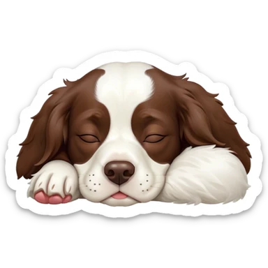 Meme-Worthy Cute Sleeping Springer Spaniel Portrait Emoji, Head resting peacefully with a contented smile, showcasing a delightfully agile build and a luxuriously soft liver and white Fur, eyes shut in a serene nap, Simplified yet hilariously adorable features, highly detailed, glowing with a soft, drowsy light, high shine, relaxed and utterly lovable, stylized with an air of playful laziness, bright and heartwarming, soft glowing outline, capturing the essence of a comically sleepy companion, so meme-worthy it feels like it could instantly become the next viral sensation of adorable slumber! sticker