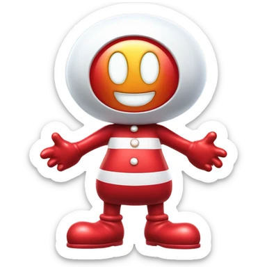 Very shiny full body character with pill capsule head with retro antennae and jetsons aesthetic  puffy body and welcoming waving Mickey Mouse arms braun Japanese inspired Anpanman with big boots and antennae red and white colors only sticker