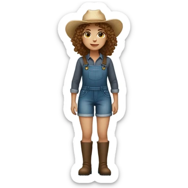 full body farmer girl standing, LIGHT skin, brown curly hair, holding carrors sticker