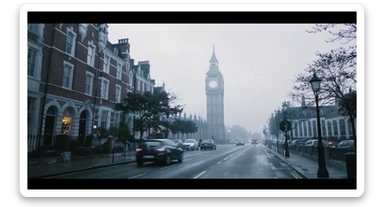 Cinematic shot of a london street, cloudy foggy day, soft light, leading lines to big ben in distance, multi composition, in foreground blurred car, on second street around UK bulding, od another plan in distance big ben, birds flying, artistic look, captured on arri alexa 35, color graded blue hour sticker