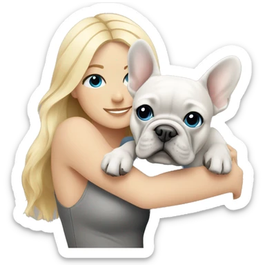 Blonde and blue eyes women hugging a light grey french Bulldog  sticker