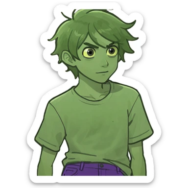 F shaped head boy and light yellow shirt and green hair and purple pants sticker