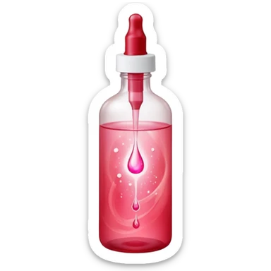 Translucent reddish-pink dropper bottle with white cap and minimal label, glowing softly. Floating in a faint red aura with swirling light ribbons and tiny peeling sparks lifting upward. by shimmer flakes, symbolizing cell renewal. Feels like a silky exfoliation elixir sealed in a potion vial  sticker
