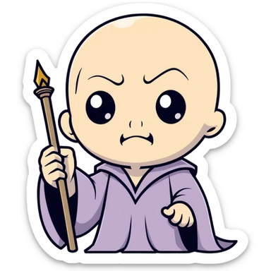 cartoon style Voldemort, holding a wand, menacing expression, pale and bald sticker