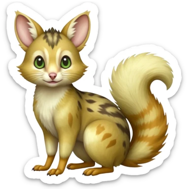  hyper-realistic green-gradients and white and golden natural realistic divine beautiful elegant pretty precious cute young youthful  Fakémon-Pokémon-alien-opossum-squirrel-feline-serval-caracal-chinchilla-Minccino-Cinccino-Meowstic-rodent-hybrid-creature with a big fluffy bushy tail (full body) sticker