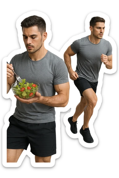 uomo fitness che mangia insalata accanto a uomo identico esteticamente che corre, iperrealistici 4k sticker
