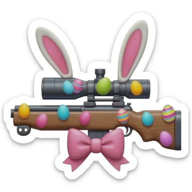 easter theme sniper rifle like with bunny ears and eggs and pink and a tie bow sticker