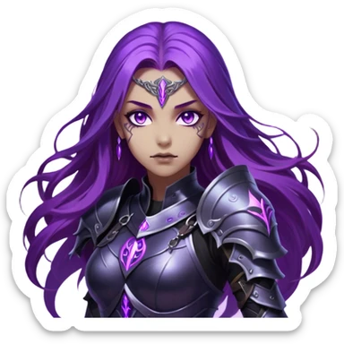 A mysterious warrior girl with long, flowing purple hair catching the dim light. Her glowing violet eyes stare forward, unwavering. She wears sleek black armor, adorned with silver runes that pulse faintly with hidden power. A dark mist swirls at her feet, hinting at the energy she commands. sticker