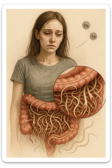 donna con parassiti intestinali che amano la sua carenza di ferro così possono svilupparsi. Immagini realistiche sticker
