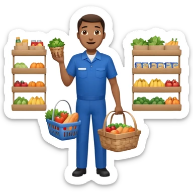 Supermarket employee at a cash register, full body, serving a man surprised sticker