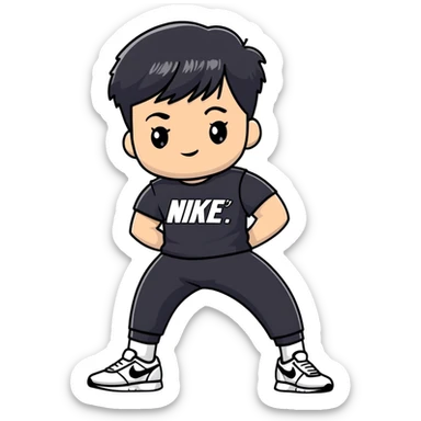 chico moreno cartoon with eyebrow-length bangs, wearing a black Nike t-shirt, black Nike pants lowered, white Dior sneakers, urban flow sticker