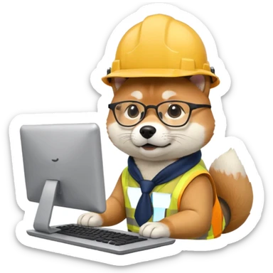 shiba inu with eye glasses and computer wearing a hard hat sticker