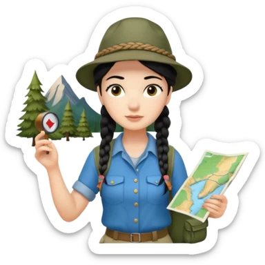 A braid black hair backpacking woman checking her map with curious eyes while walking with camping hat full body sticker