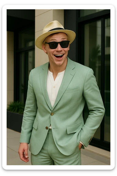Make the man more animated and Scandinavian with lively expression and Scandinavian features. Keep the light green linen suit, sunglasses, and straw hat. sticker