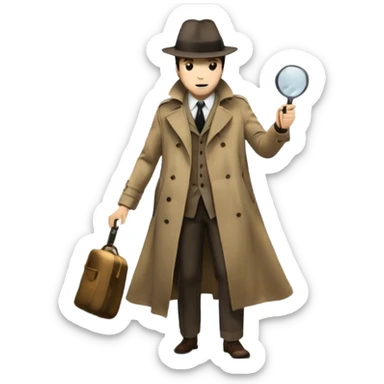 Icon for Detective Movies: A vintage movie poster-style design with a mysterious silhouette of a detective in a trench coat and fedora, holding a magnifying glass. Add dark alleys, shadows, and crime scene elements. Retro typography with cinematic flair. Transparent background. sticker