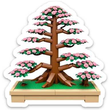 Wide Three tiered Lego bonsai planters stand, shelving nine maple specimens and several smaller azaleas, frame made of oaken palette wood  sticker