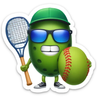 pickle with legs, wearing a jersey, mouth smiling, wearing baseball cap, holding a solid red paddle ball racket, blue backgound, wearing sunglasses sticker