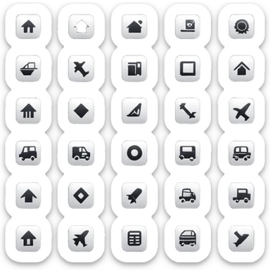 square minimal icons, space semiotic, black print on white background, square outline icons, minimalist symbols, transportation, economy, engineering, industry. Designed for signage.  sticker