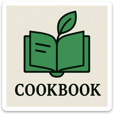 Place the green minimalist logo with leaf and book icon prominently and clearly on a cookbook background, ensuring the logo stands out and is easily visible. sticker