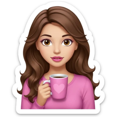 girl with long wavy brown hair, brown eyes, long lashes makeup, sexy pink lips, light to medium complexion, pink sexy top, with a coffee mug sticker