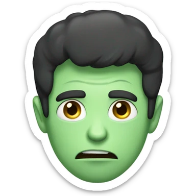 Dark haired man getting sick with a green face sticker