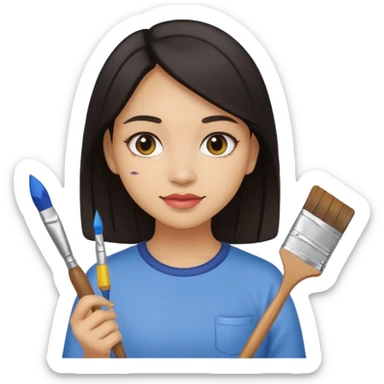 Light skin dark hair girl holding paint and paintbrush sticker